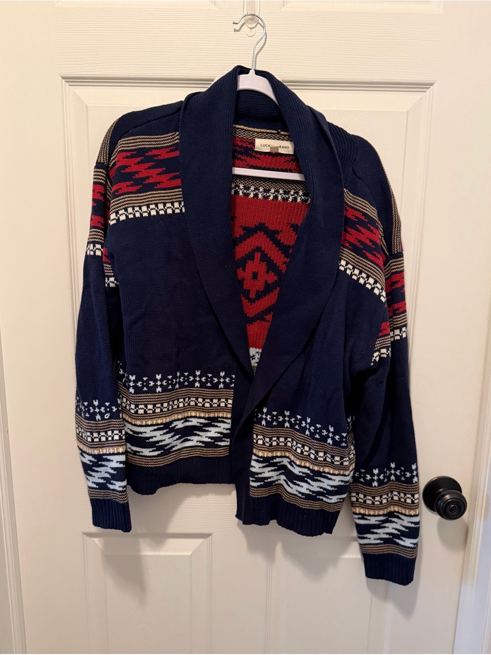 Lucky Brand Navy Shawl Collar Cardigan with Red & Cream Accents